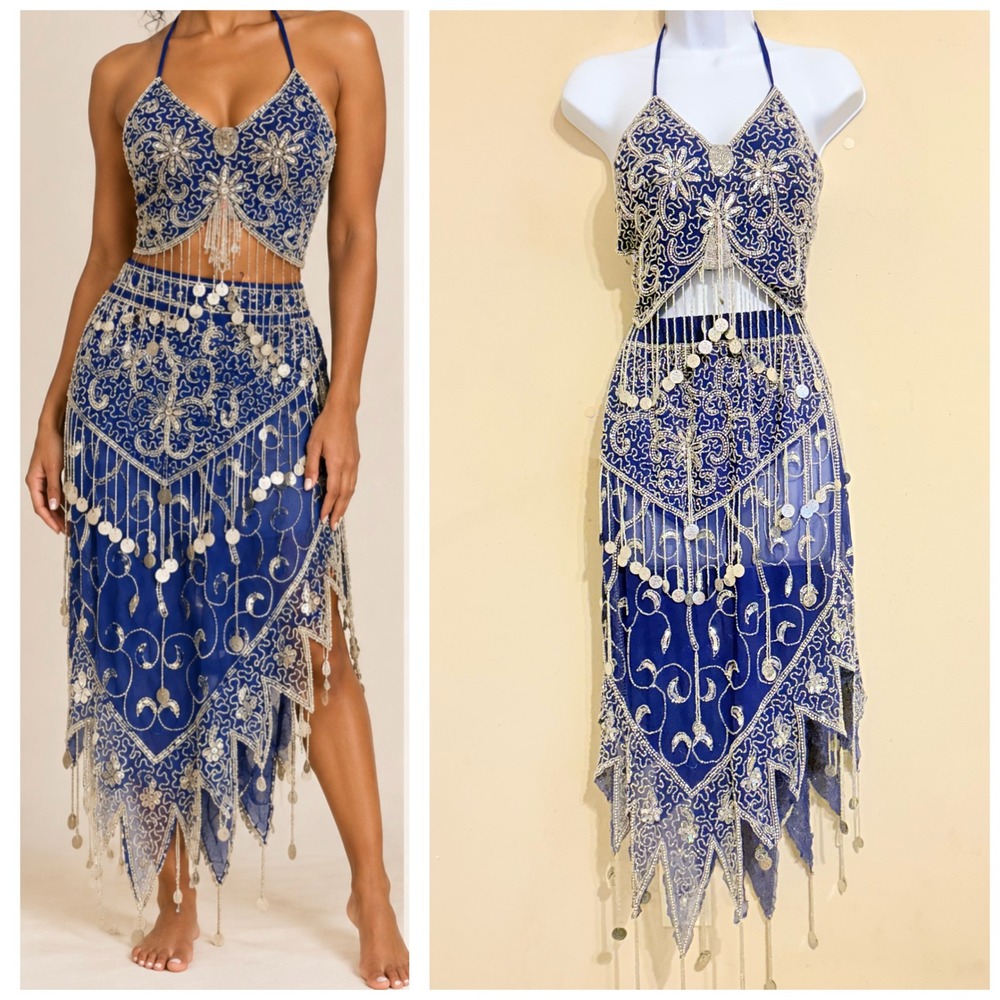 Vintage Blue Silver Beaded Halter Top & Wrap Skirt Embellished Belly Dance XS